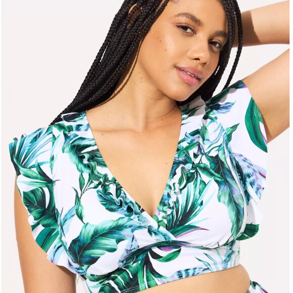 *BOGO FREE* Torrid Wireless Ruffle Sleeve Bikini Top Green Susie Tropical Size 3 - Picture 3 of 7